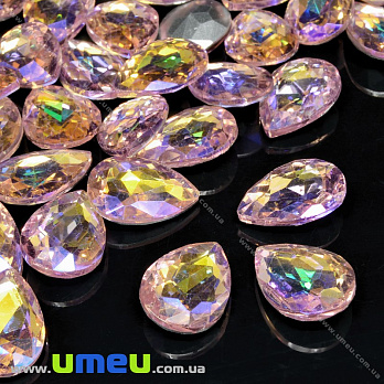 Ріволі скляний, Крапля гранована, Райдужний, 14х10 мм, Рожевий АВ (KAB-033962)