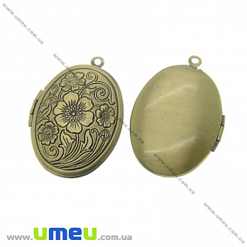 Медальон Овальный с цветами, Античная бронза, 33х24 мм, 1 шт (POD-020108)