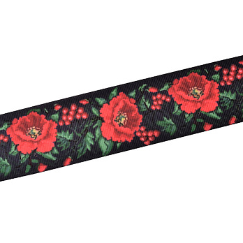 Репсовая лента с рисунком Маки и калина, 40 мм, Черная (LEN-061757)