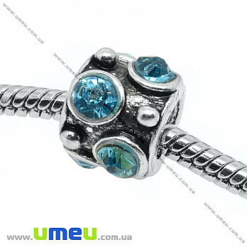 [Архів] Намистина PANDORA мет. зі стразами, 12х9 мм, Блакитна, Античне срібло (BUS-006542)