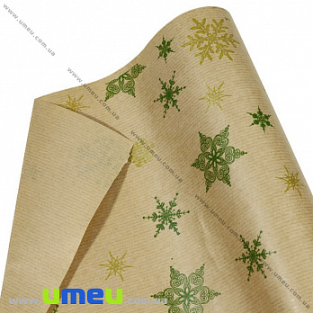 Пакувальний крафт папір Сніжинки зелені, Бежевий, 70х100 см (UPK-035589)