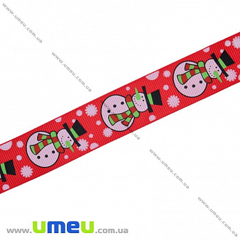 Репсовая лента с новогодним рисунком Снеговик, 25 мм, Красная, 1 м (LEN-017978)