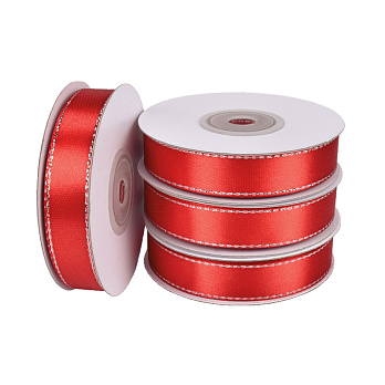 Атласна стрічка з люрексом, 15 мм, Червона зі сріблом (LEN-061082)