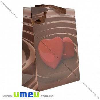 Подарочный пакет Сердца, 24х18х9 см, Коричневый, 1 шт (UPK-023397)