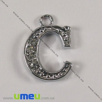 [Архів] Підвіска металева Буква зі стразами C, Срібло, 15х10 мм (POD-001211)
