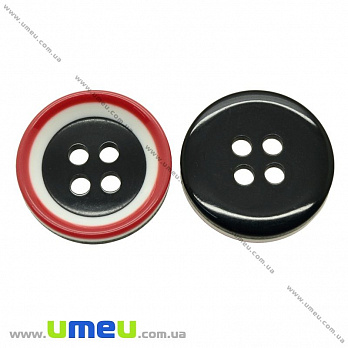 Пуговица пластиковая Круглая полосатая, 18 мм, Черно-красная, 1 шт (PUG-021413)