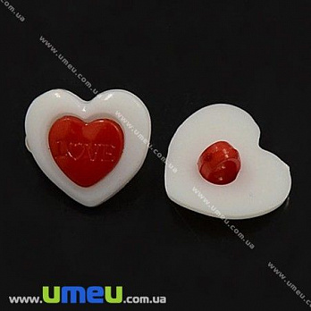 Пуговица пластиковая на ножке Сердце, 15х14 мм, Красно-белая, 1 шт (PUG-012915)