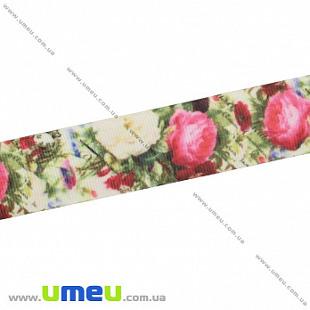 Репсовая лента с рисунком Цветы, 25 мм, Салатовая, 1 м (LEN-025653)