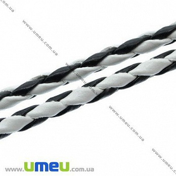Плетенный искусственный кожаный шнур, Черно-белый, 3 мм, 1 м (LEN-007368)