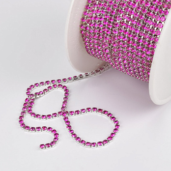 Стразовий ланцюг SS6 (2,0 мм), Світле срібло, Стрази скляні малинові (ZEP-061015)