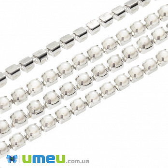 Жемчужная цепь SS6 (2,0 мм), Светлое серебро, Жемчужины пластиковые белые, 1 м (ZEP-047553)