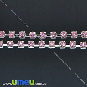 Стразовая цепь SS8 (2,4 мм), Светлое серебро, Стразы стеклянные розовые, 1 м (ZEP-007765)