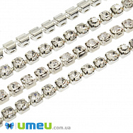 Стразовий ланцюг SS18 (3,8 мм), Світле срібло, Стрази скляні білі, 1 м (ZEP-047568)