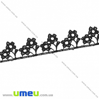 Кружево плетеное Цветы, 25 мм, Черное, 1 м (LEN-011880)