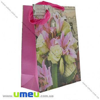 Подарочный пакет Цветы, 24х18х9 см, Розовый, 1 шт (UPK-023350)