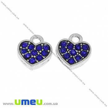 [Архів] Підвіска металева Серце з синіми стразами, Античне срібло, 11х10 мм (POD-032647)