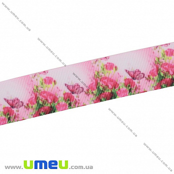 Репсовая лента с рисунком Цветы, 25 мм, Розовая, 1 м (LEN-025651)