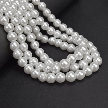 Намистини скляні Перли, 10 мм, Білі, Круглі (BUS-052141)