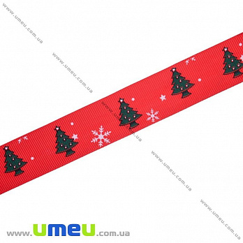 Репсовая лента с новогодним рисунком Ёлочки, 25 мм, Красная, 1 м (LEN-017977)