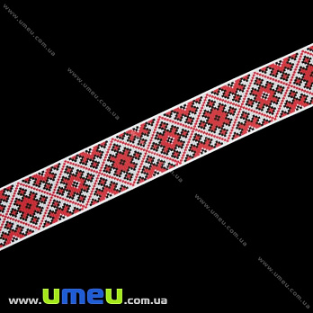 Репсовая лента с рисунком Орнамент, 25 мм, Красная, 1 м (LEN-016556)
