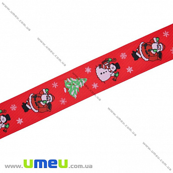 Репсовая лента с новогодним рисунком Дед Мороз, 25 мм, Красная, 1 м (LEN-017979)