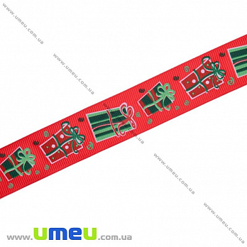 Репсовая лента с новогодним рисунком Подарки, 25 мм, Красная, 1 м (LEN-017980)