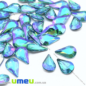 Ріволі скляний, Крапля гранована, Райдужний, 13х8 мм, Блакитний АВ (KAB-034011)