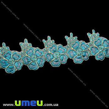 Тасьма вишита термоклеєва Квіти, 70 мм, Блакитна (LEN-021069)