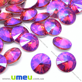 Ріволі скляний, Круглий гранований, Райдужний, 10 мм, Малиновий АВ (KAB-033893)