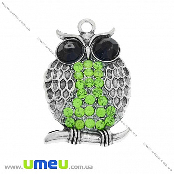 [Архів] Підвіска метал. Сова з салатовими стразами, 41х28 мм, Античне срібло (POD-028270)