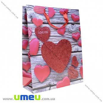 Подарочный пакет Сердца, 40х31х12 см, Красный, 1 шт (UPK-035675)