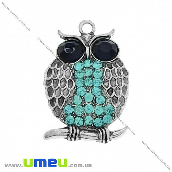 [Архів] Підвіска металева Сова з бірюзовими стразами, Античне срібло, 41х28 мм (POD-028273)