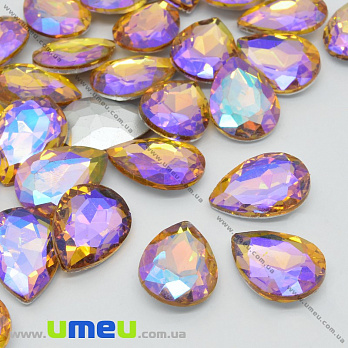 Ріволі скляний, Крапля гранована, Райдужний, 14х10 мм, Жовтий АВ (KAB-033967)