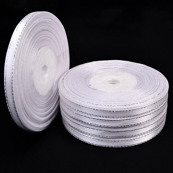 Атласна стрічка з люрексом, 6 мм, Біла зі сріблом (LEN-052845)