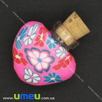 Стеклянная баночка с полимерной глиной Сердце, Ярко-розовая, 24х22 мм, 1 шт (DIF-006774)