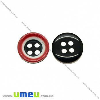 Пуговица пластиковая Круглая полосатая, 11,5 мм, Черно-красная, 1 шт (PUG-021414)
