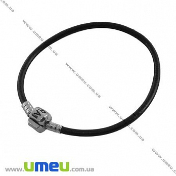 [Архів] Основа для браслета PANDORA шкіряна чорна, Античне срібло, 20,5 cм (OSN-007751)