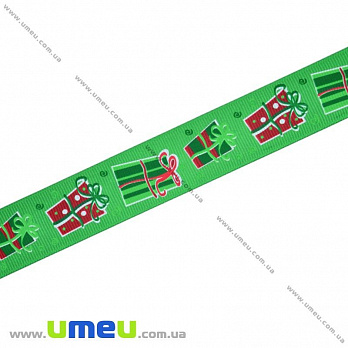 Репсовая лента с новогодним рисунком Подарки, 25 мм, Зеленая, 1 м (LEN-017971)