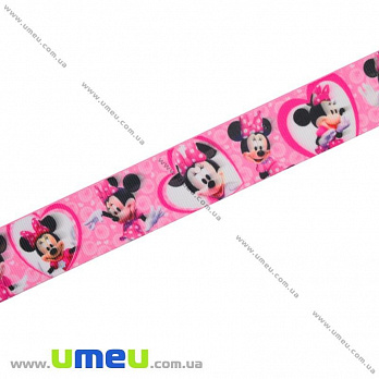 Репсовая лента с рисунком Микки Маус, 25 мм, Розовая, 1 м (LEN-001556)