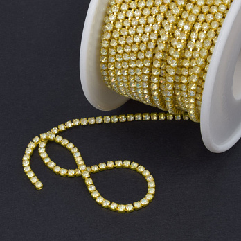 Стразовая цепь SS6 - 2,0 мм, Желтая, Стразы стеклянные белые хамелеон (ZEP-061028)