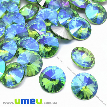 Ріволі скляний, Круглий гранований, Райдужний, 14 мм, Салатовий АВ (KAB-033906)