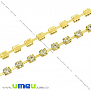 Стразовий ланцюг SS16 (3,5 мм), Золото, Стрази скляні білі, 1 м (ZEP-007770)