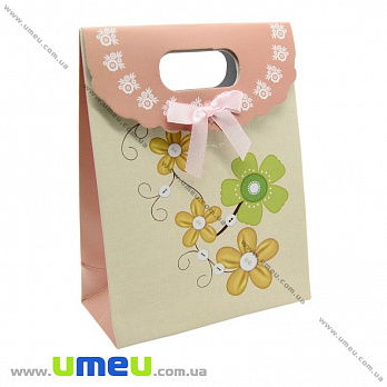 Подарунковий пакет на липучці, Квіти, Бежевий, 16х12х6 см (UPK-020421)