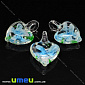 Підвіска скляна Lampwork Серце з квіткою, 30х21 мм, Блакитна (POD-019972)
