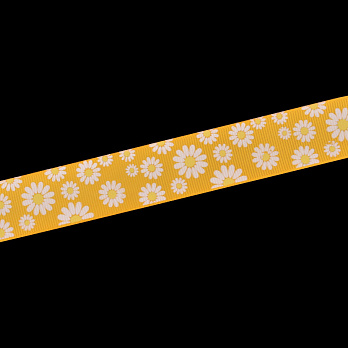 Репсова стрічка з малюнком Ромашки, 25 мм, Помаранчева (LEN-054885)
