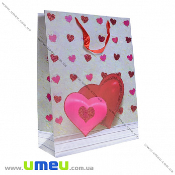 Подарочный пакет Сердца, 40х31х12 см, Серый, 1 шт (UPK-035674)