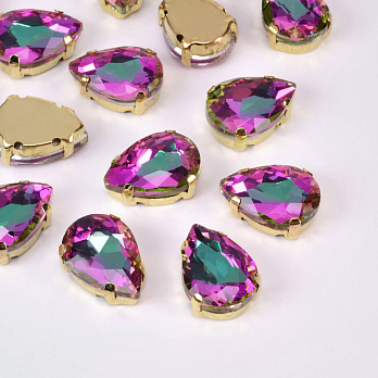 Шатон капля 14х10 мм, Золото, Малиново-бирюзовый (KAB-052923)