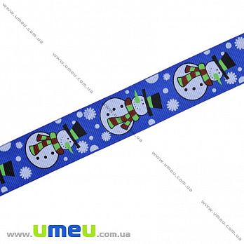 Репсовая лента с новогодним рисунком Снеговик, 25 мм, Синяя, 1 м (LEN-017974)