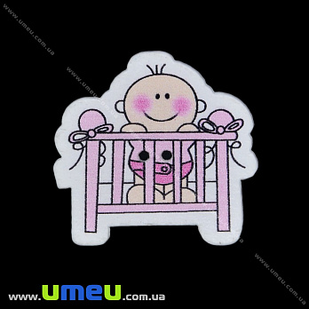 Декоративный пришивной элемент Малыш в кроватке, 32х30 мм, Розовый, 1 шт (DIF-033416)