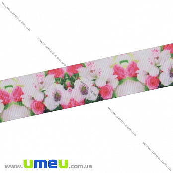 Репсовая лента с рисунком Цветы, 25 мм, Розовая, 1 м (LEN-025654)